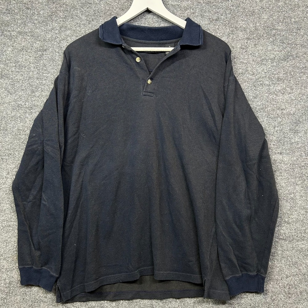 M.E. Sport Rugby Polo Shirt Men's Navy Blue Rib Knit Long Sleeve Pullover - XL
